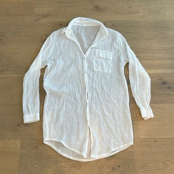 Tops - Women’s White Long Sleeve Shirt Beach Cover Up Sheer Gauzy Button Up Blouse Top